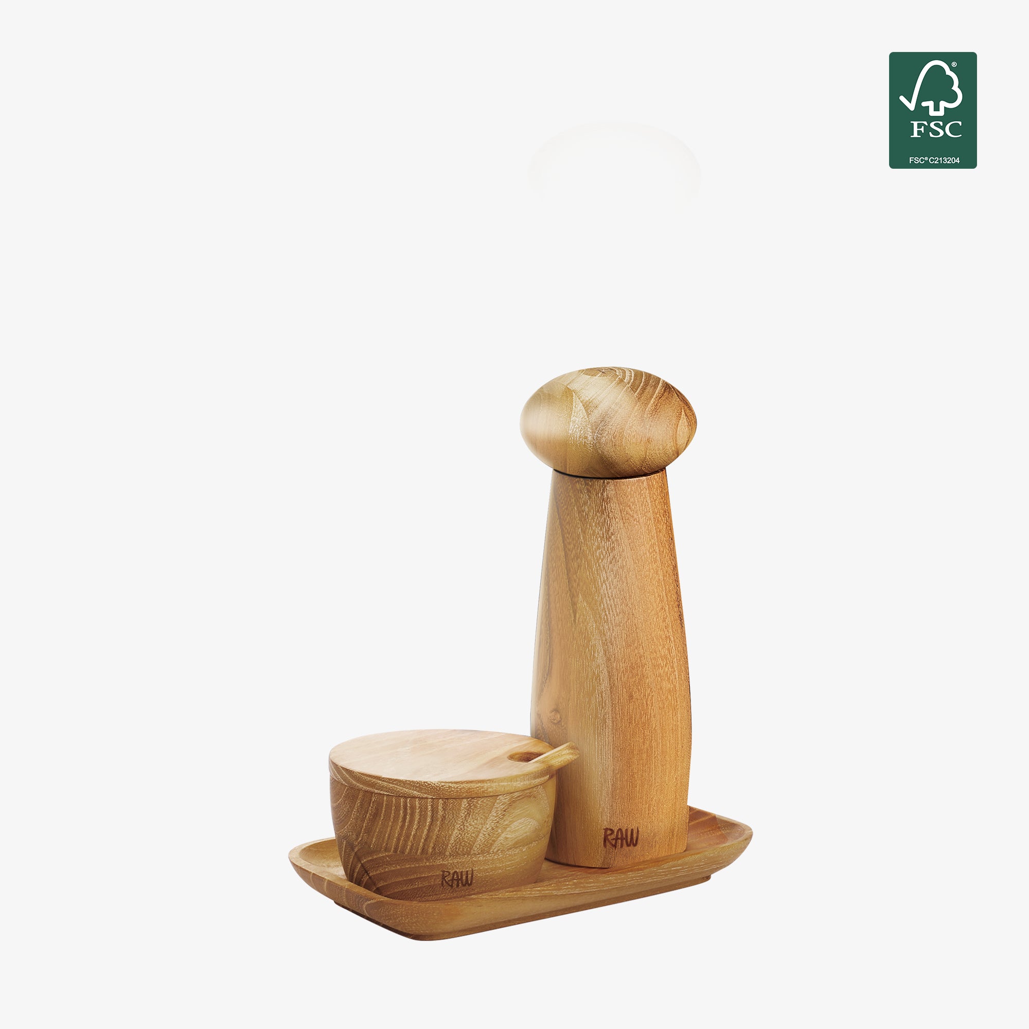 RAW Teak peberkværnsæt med bakke og saltkar | Natural