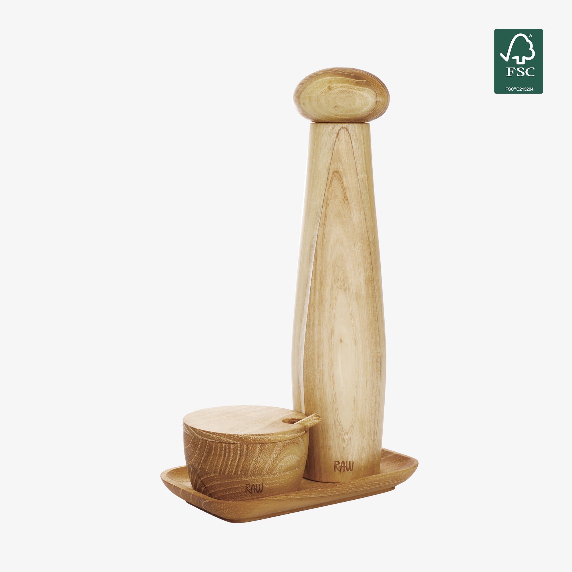 RAW Teak peberkværnsæt med bakke og saltkar | Natural